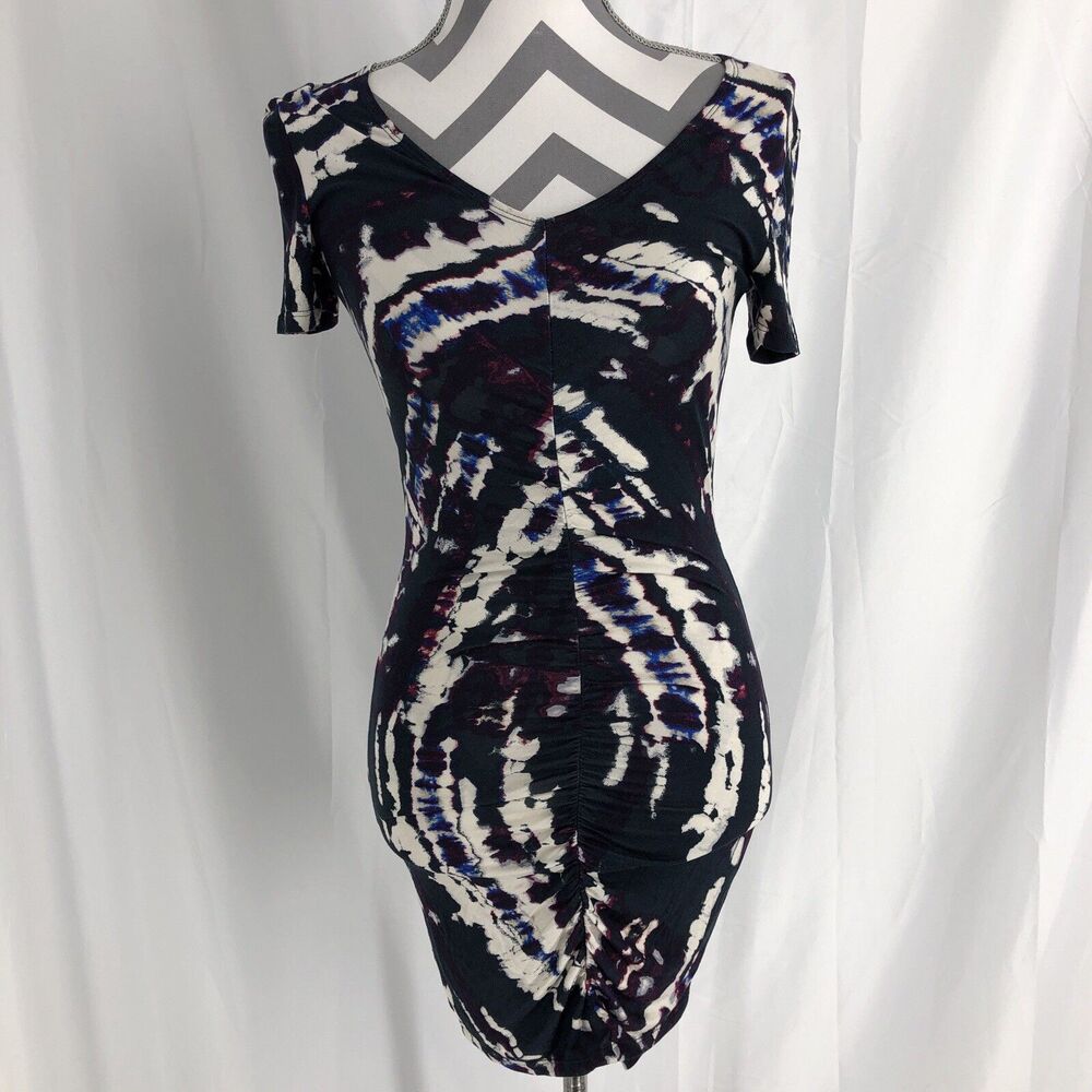 New Material Girl Dress Bodycon V Neck Short Sleeve Tie Dye Stretch Black Size S